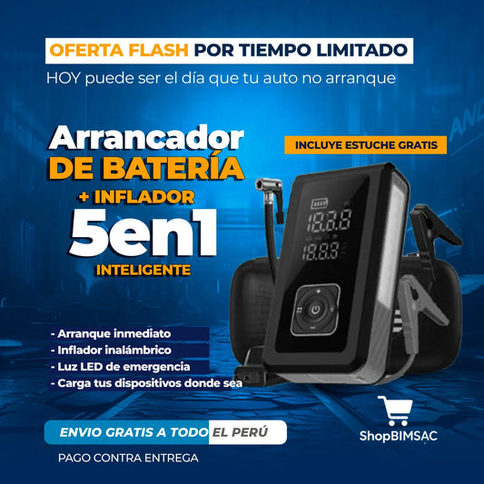 ARRANCADOR DE BATERIA 5 EN 1 PORTÁTIL +  ESTUCHE GRATIS + ENVÍO GRATIS